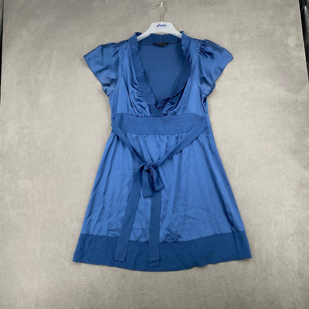 BCBGMAXAZRIA Blue Silk Smocked Empire Waist V-Neck Mini Dress XS